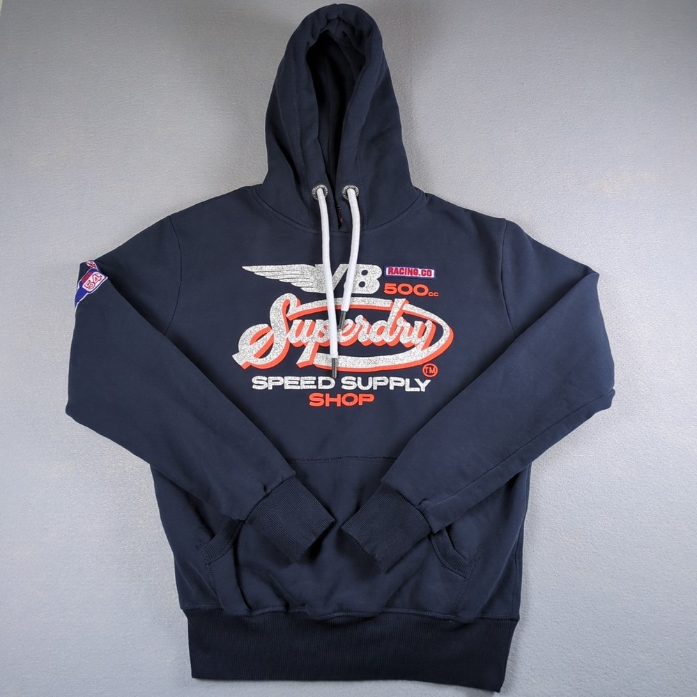 Superdry V8 Hoodie Mens Small Navy Blue Speed Supply Shop Racing 500cc Pullover